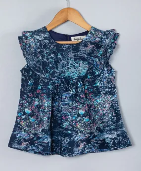 Abstract print top with frill along the yoke-Navy