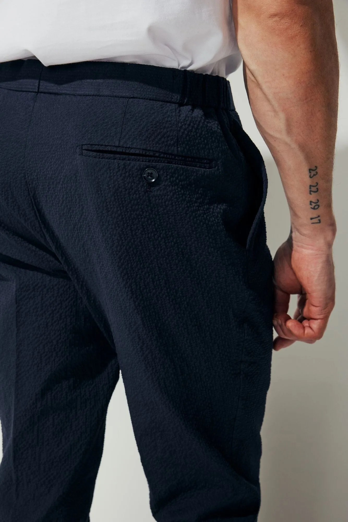 Bailey Trouser - Navy Cotton Seersucker