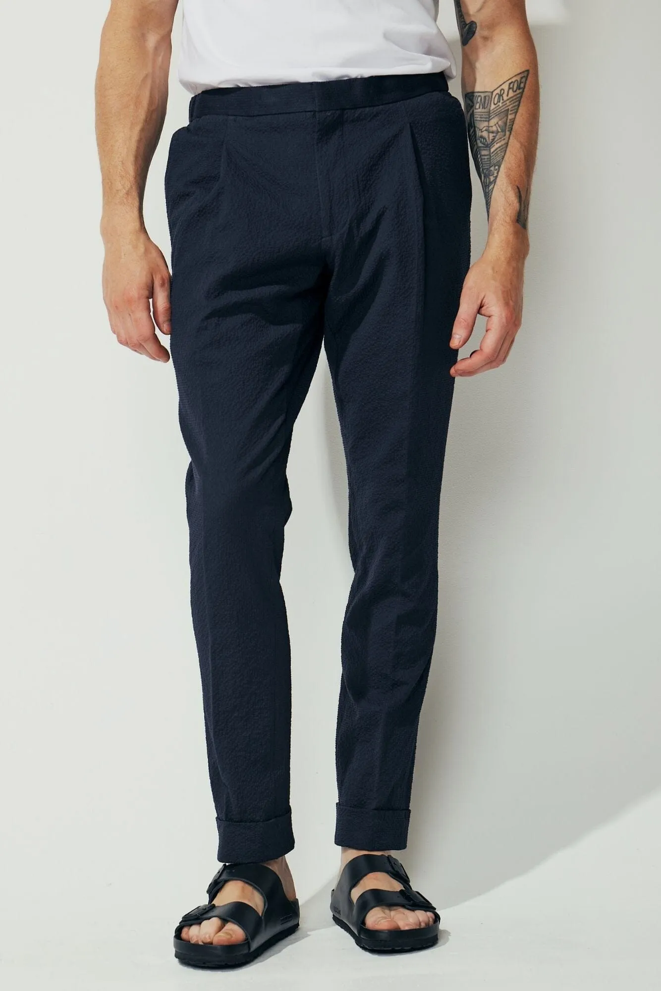 Bailey Trouser - Navy Cotton Seersucker