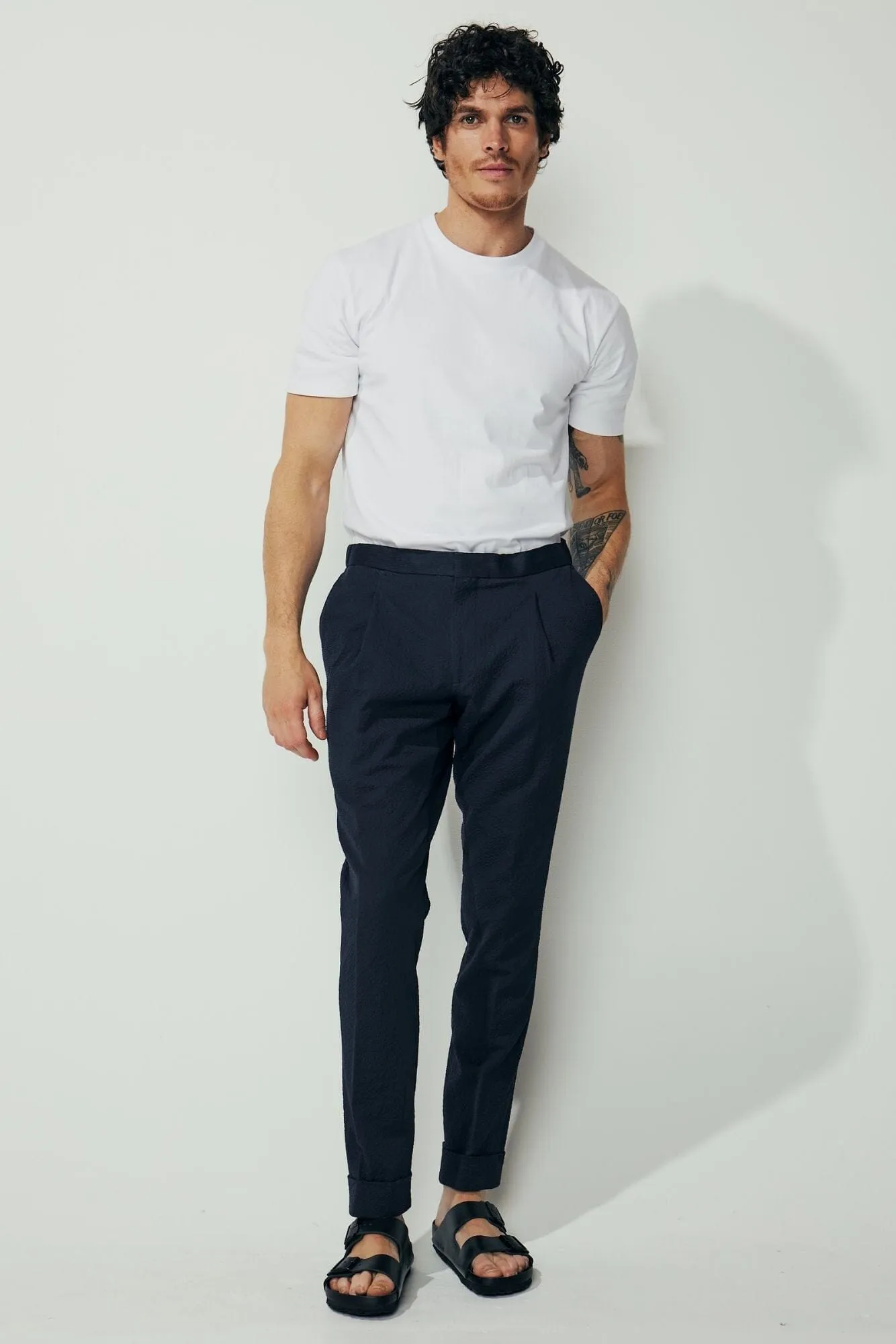 Bailey Trouser - Navy Cotton Seersucker