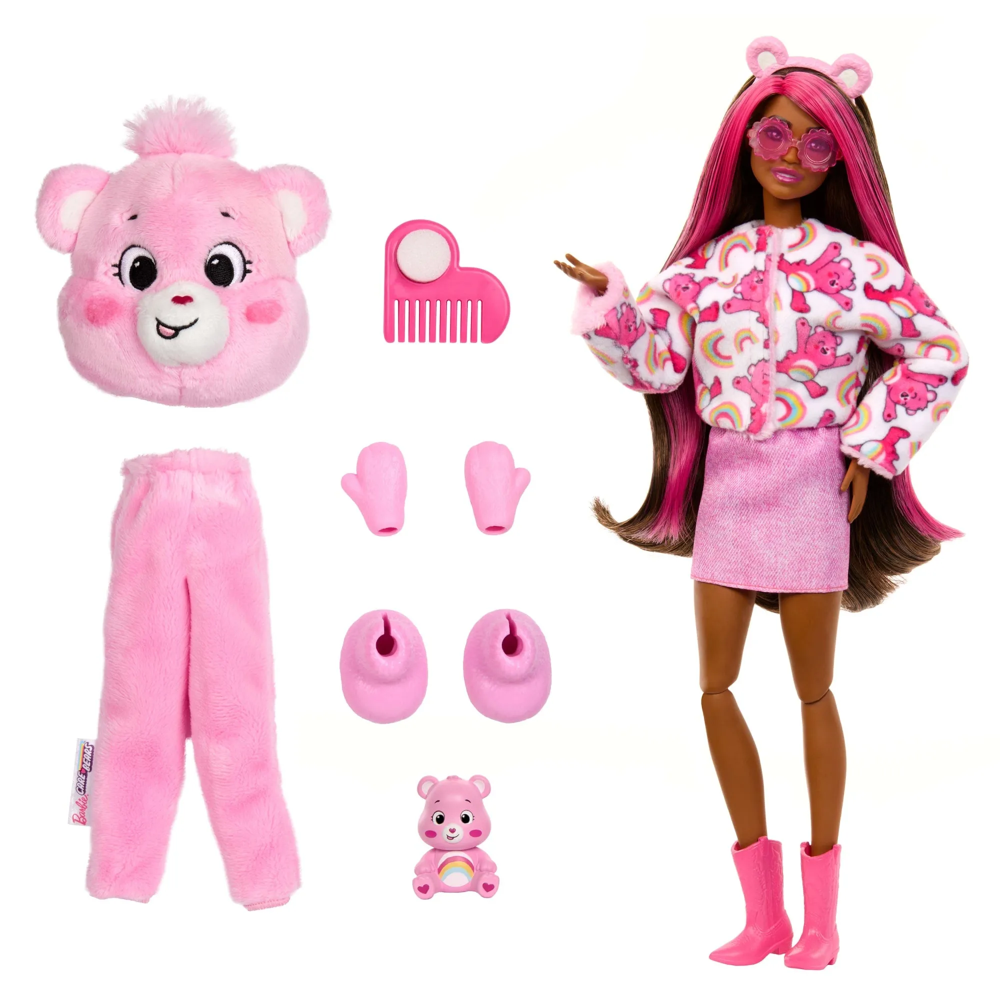 Barbie Cutie Reveal Care Bears Series Doll & Accessories in Cheer Bear Plush Costume, 10 Surprises