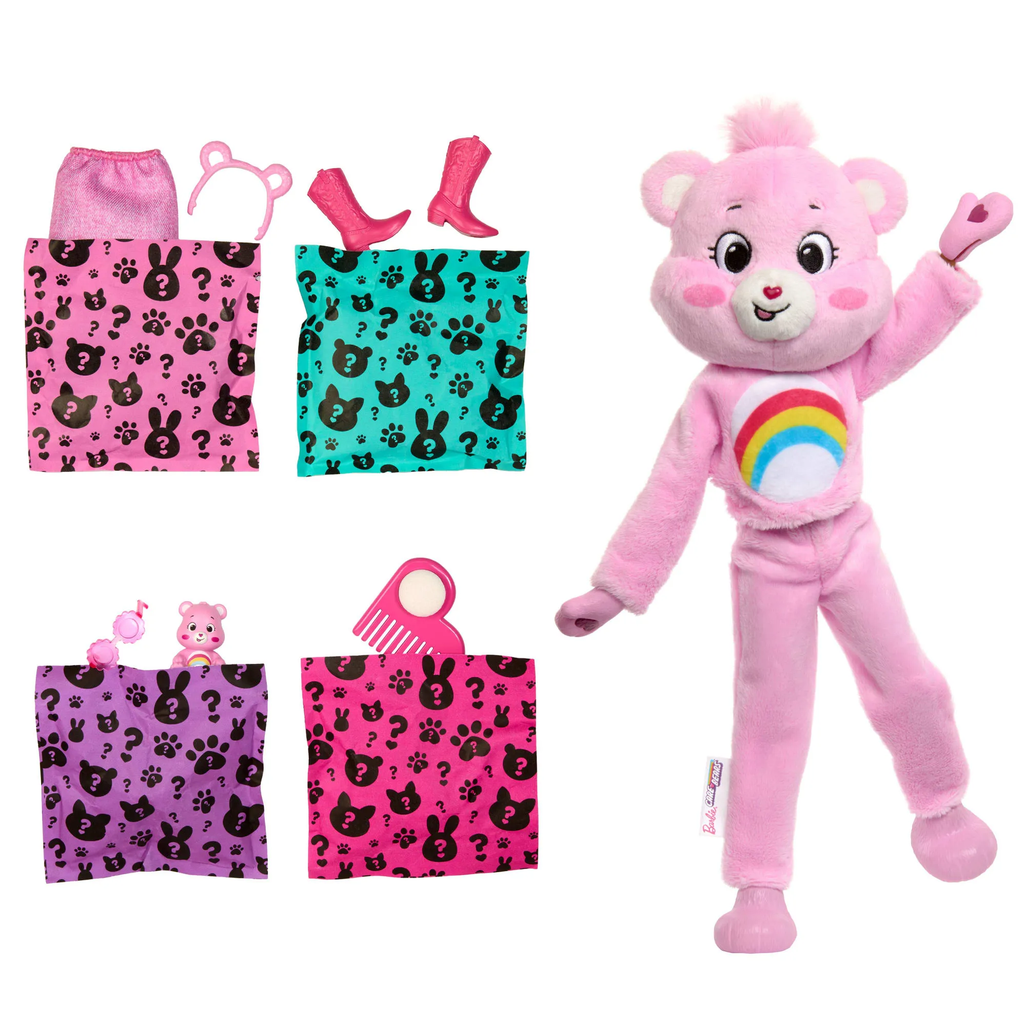 Barbie Cutie Reveal Care Bears Series Doll & Accessories in Cheer Bear Plush Costume, 10 Surprises