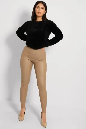 Beige Vegan Leather Fleece Lined Leggings