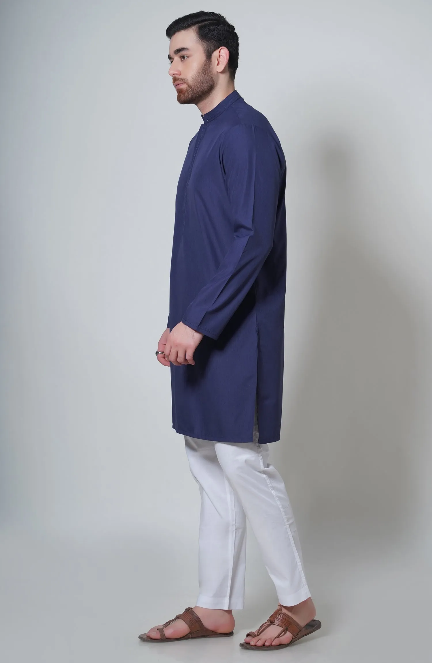 Blended Embroidered Kurta - Medium Blue