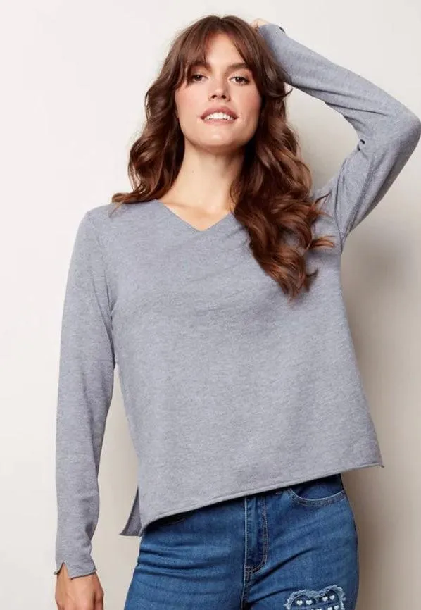 Charlie B Basic V-Neck Gray knit stich sweater