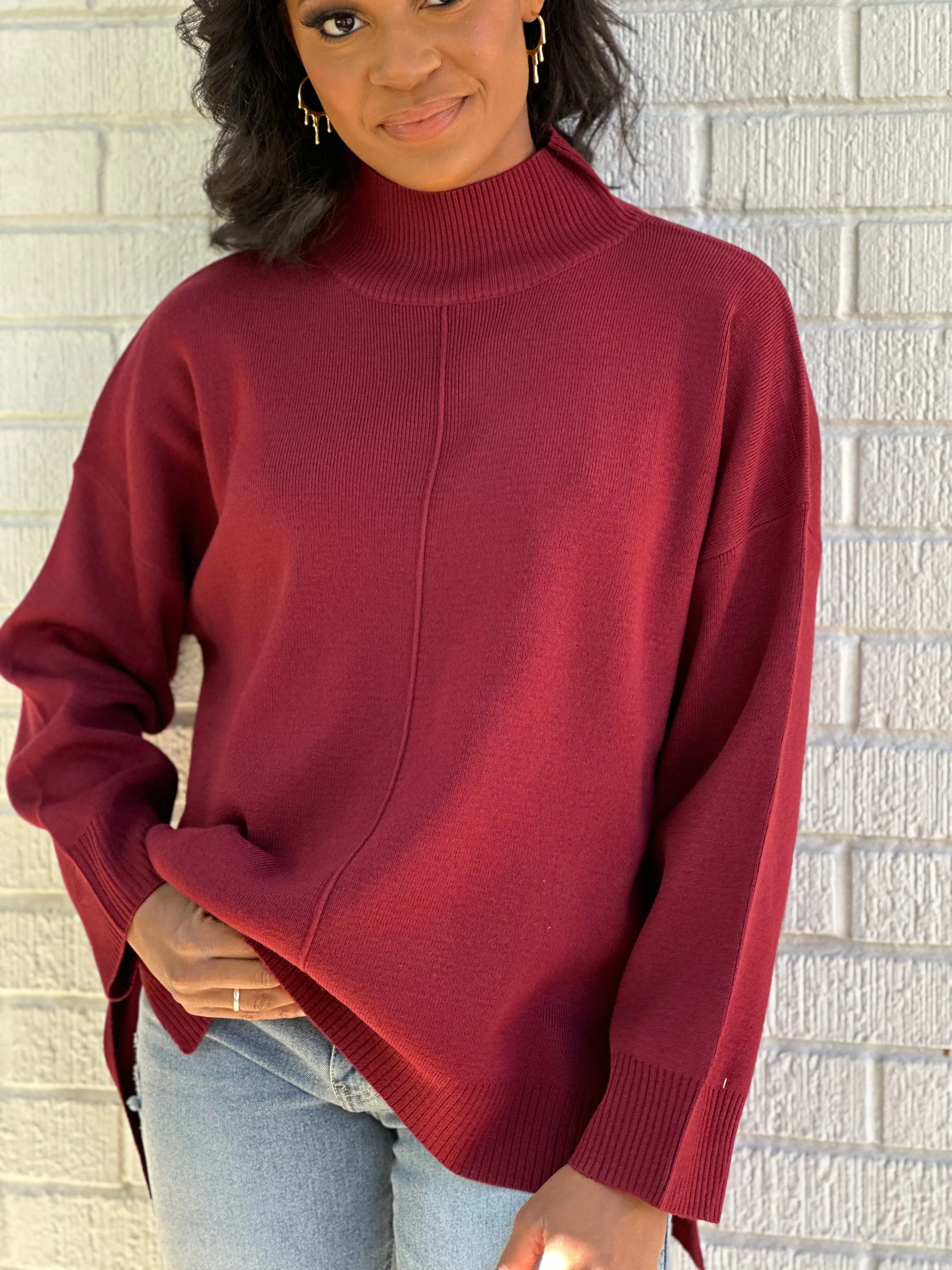 Core Mock Neck Front Seam Sweater