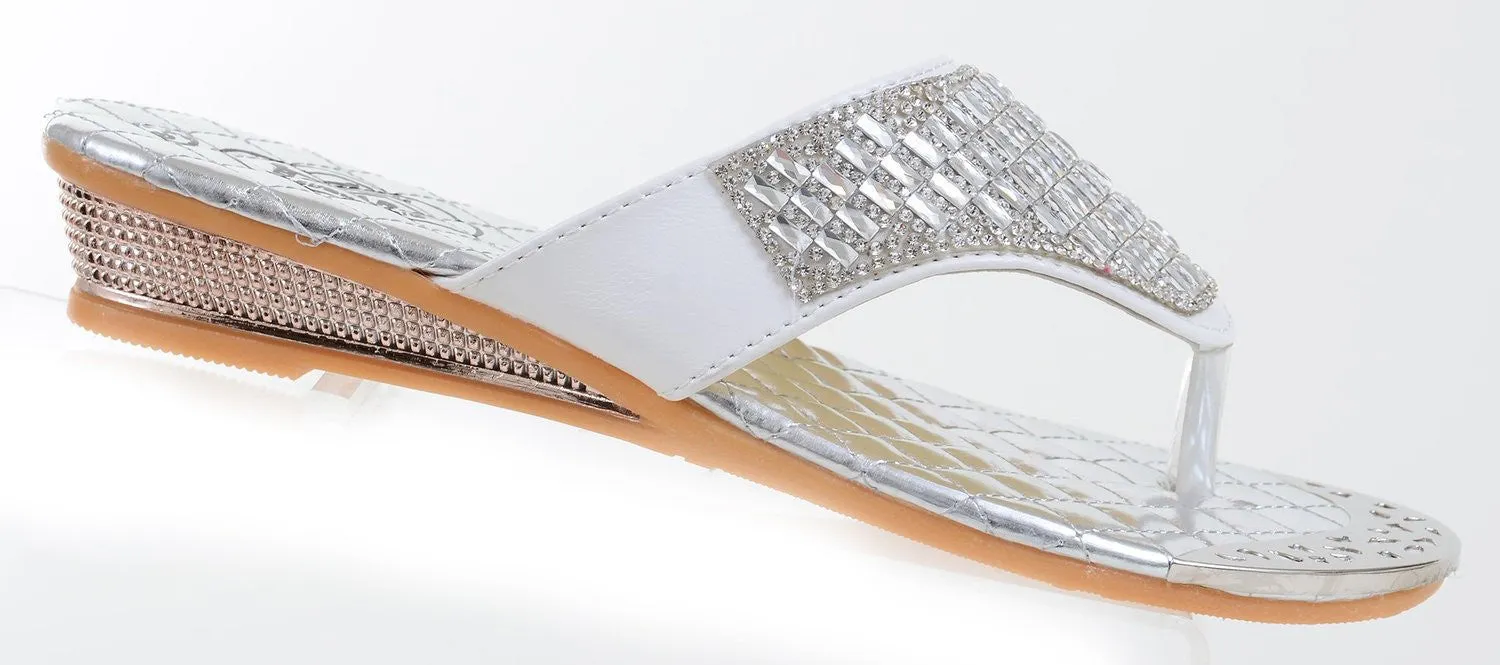 Crystal Jeweled White Silver Slide Thong Flip Flop Wedge Sandals