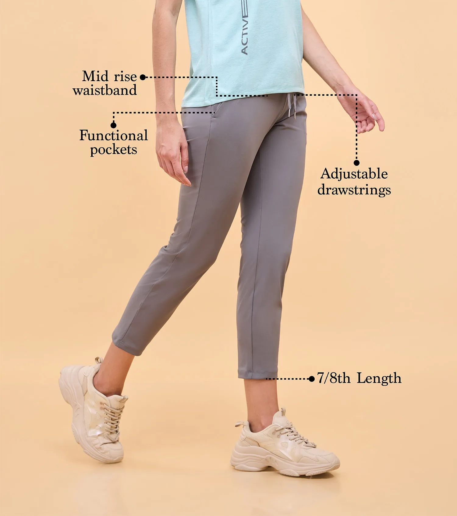 Enamor Athleisure Womens E068-Dry Fit Antimicrobial Mid Rise Smart Active Travel Pants