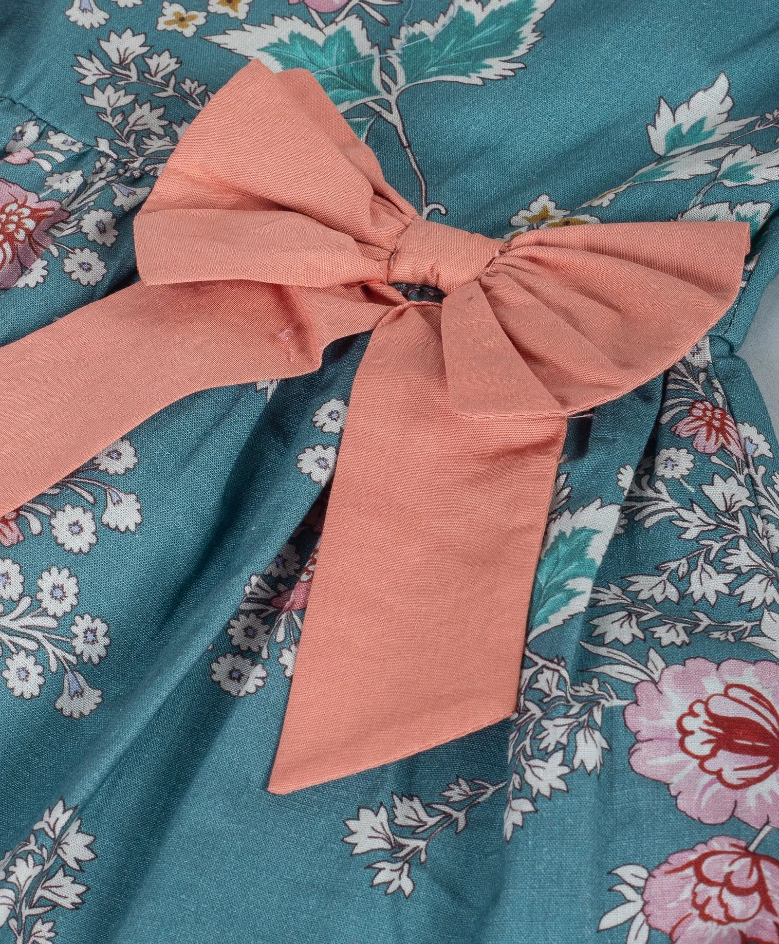 Floral dress with coral bows at front waist sides-Teal Blue