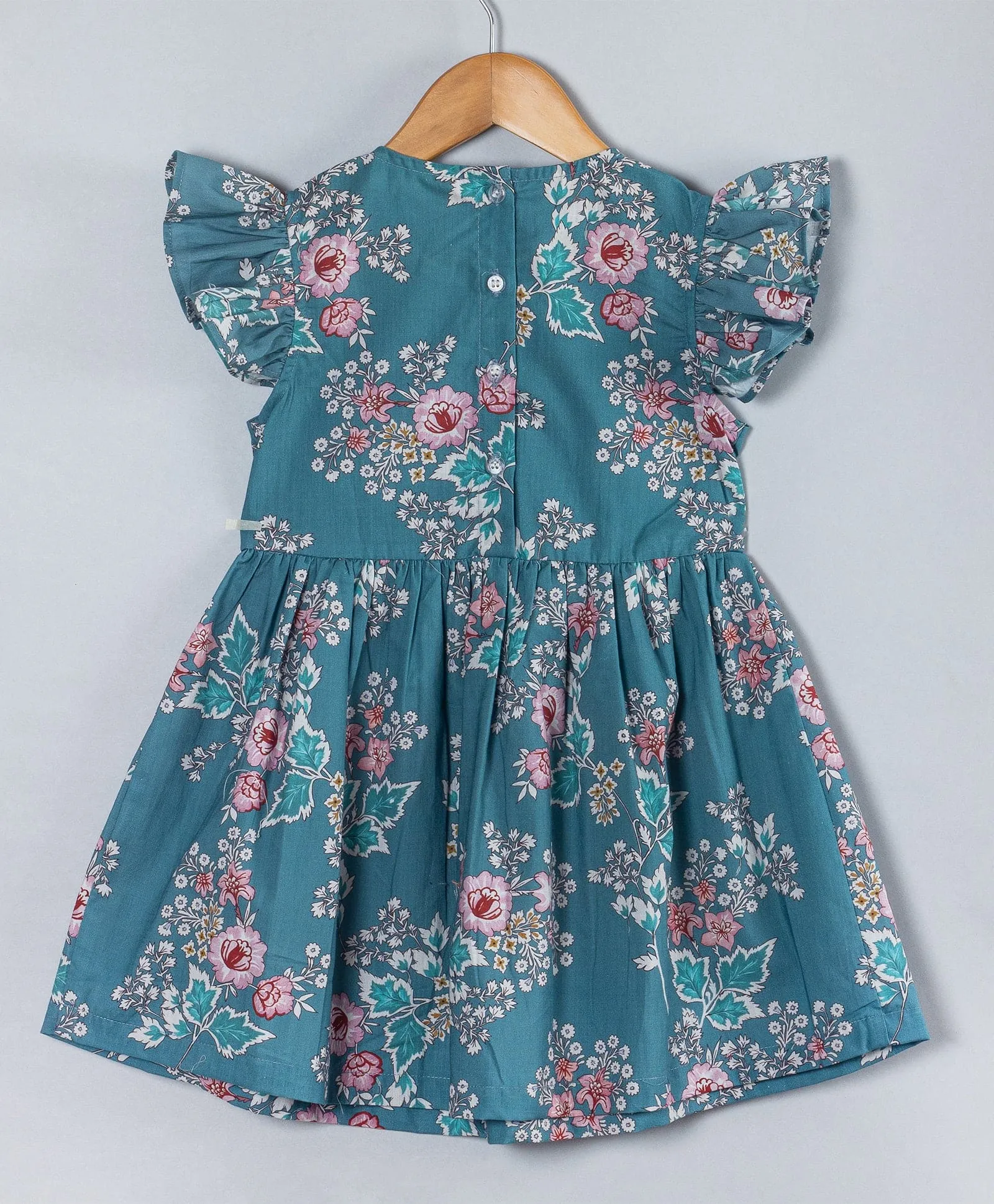 Floral dress with coral bows at front waist sides-Teal Blue