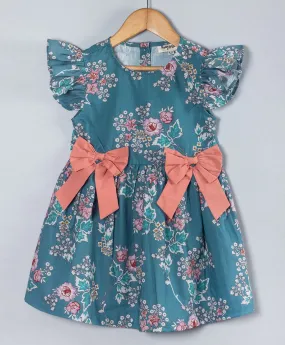 Floral dress with coral bows at front waist sides-Teal Blue