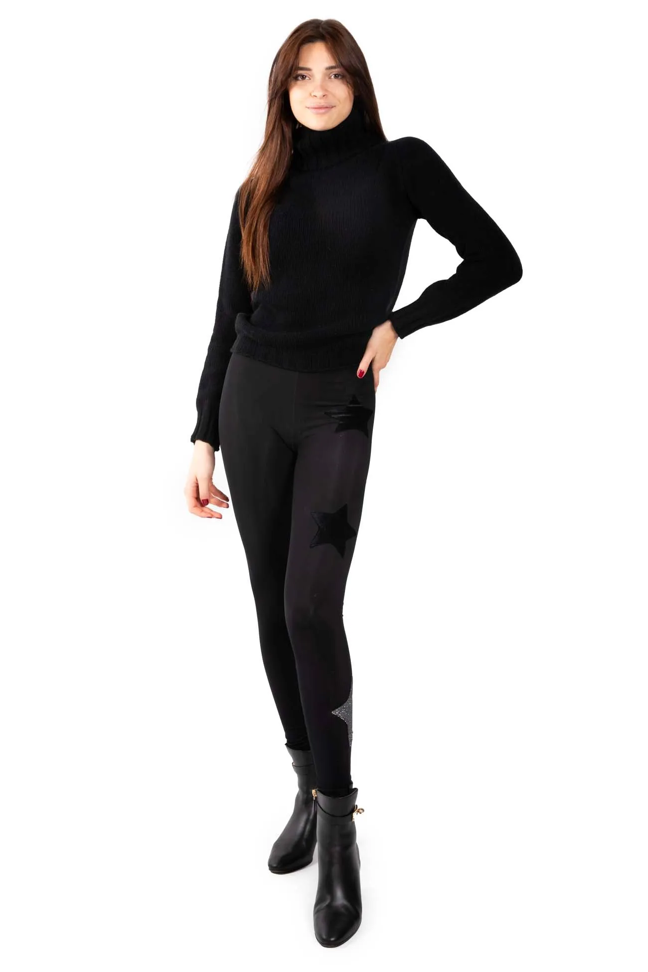 Gemelli Leggings in Lycra felpata con Stelle Nere e Argento