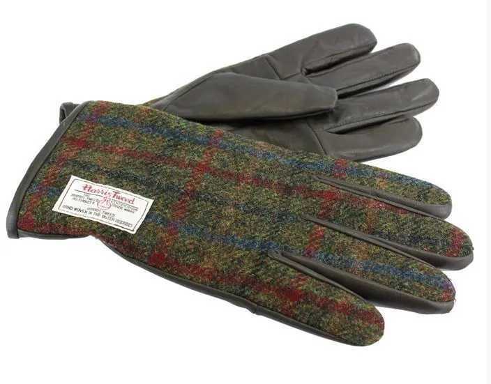 Harris tweed gloves - Brenais Green & Red Harris tweed fabric