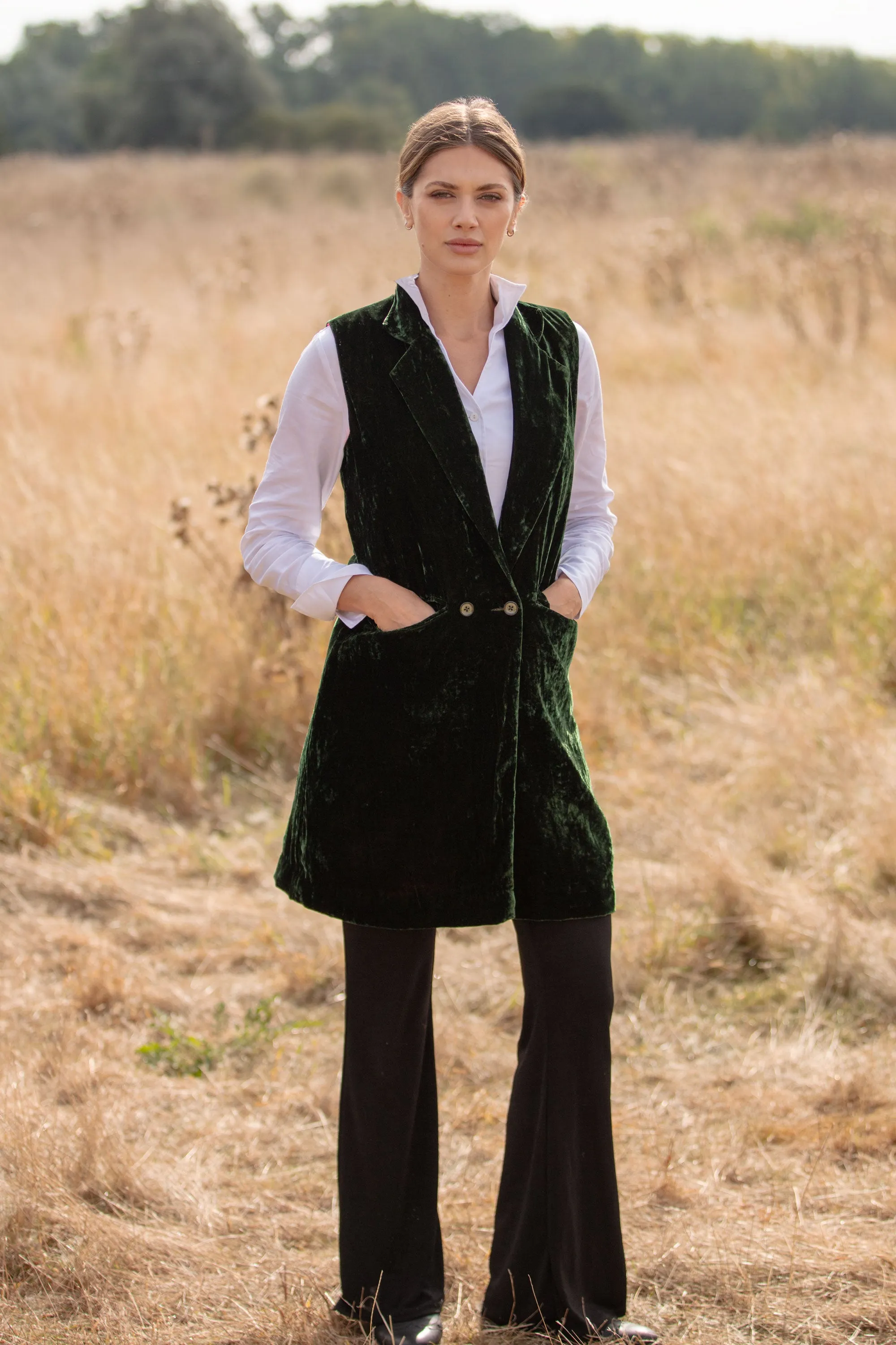 Long Silk Velvet Waistcoat In Forest Green