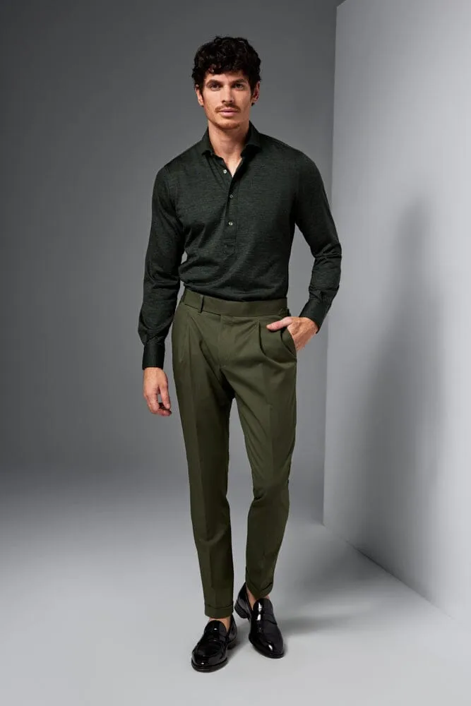 Magnus Long Sleeve Polo Shirt - Olive Merino Wool