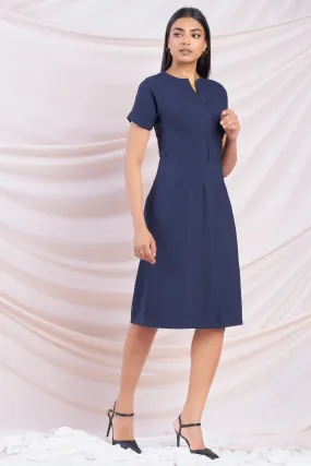 Navy Zip Up Pleat Detail Dress