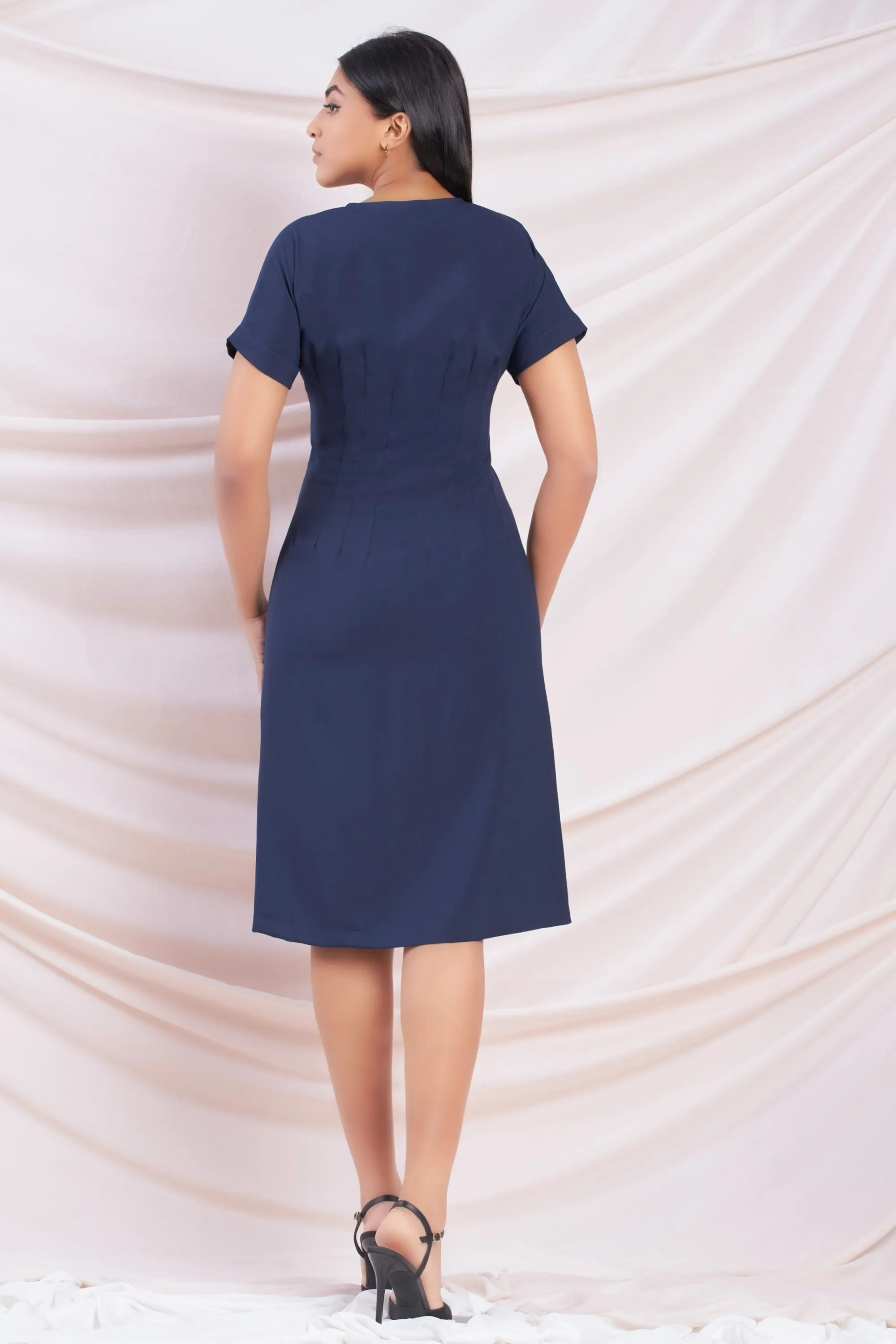 Navy Zip Up Pleat Detail Dress