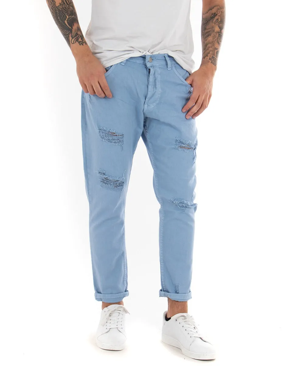 Pantaloni Jeans Uomo Loose Fit Azzurro Con Rotture Cinque Tasche Casual GIOSAL-P4089A