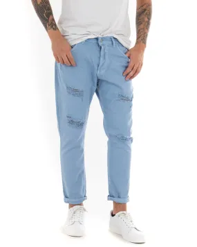 Pantaloni Jeans Uomo Loose Fit Azzurro Con Rotture Cinque Tasche Casual GIOSAL-P4089A