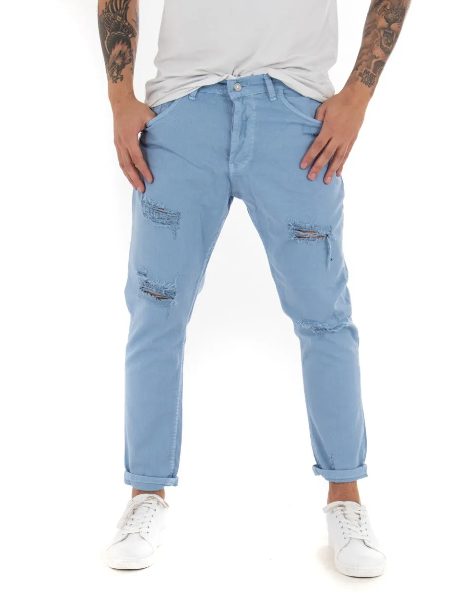 Pantaloni Jeans Uomo Loose Fit Azzurro Con Rotture Cinque Tasche Casual GIOSAL-P4089A