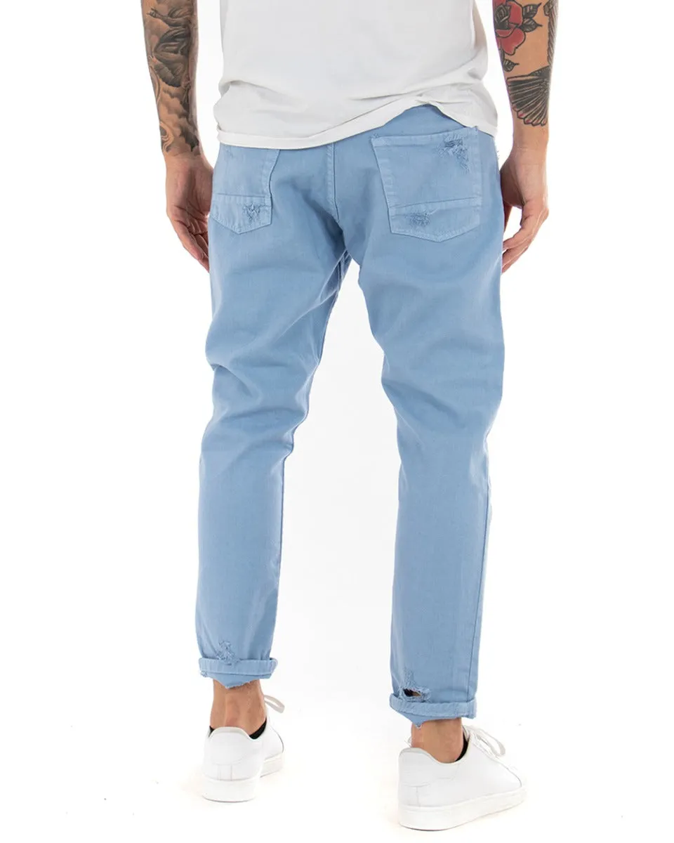 Pantaloni Jeans Uomo Loose Fit Azzurro Con Rotture Cinque Tasche Casual GIOSAL-P4089A