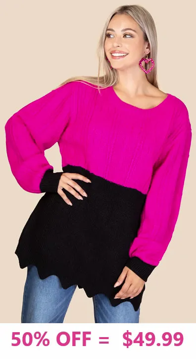 Pink and Black Cable knit sweater with jagged hem