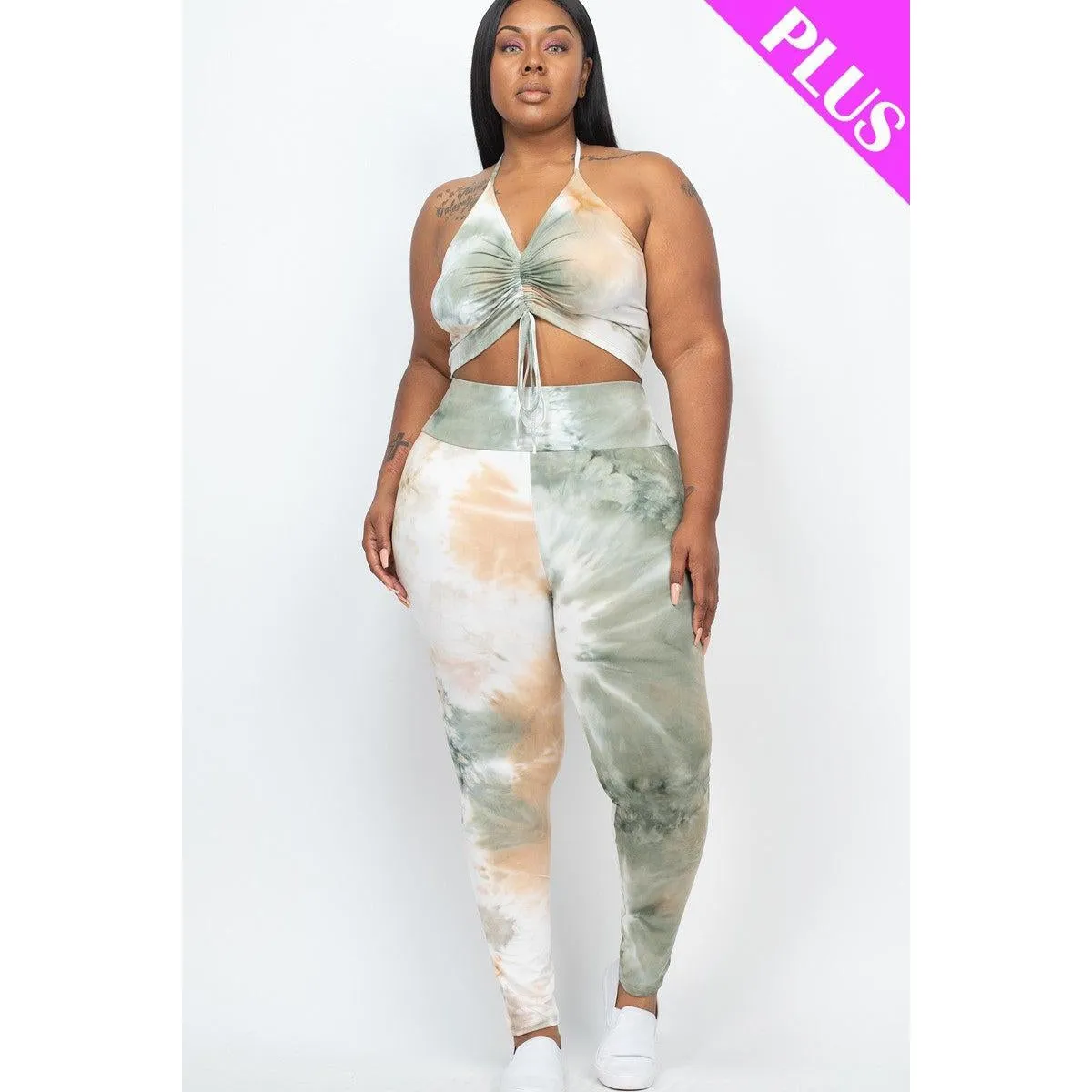 Plus Adjustable Ruched Crop Top And Leggings Set