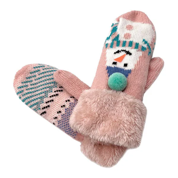 Plush Snowman Printed Faux Fur Mitten Gloves