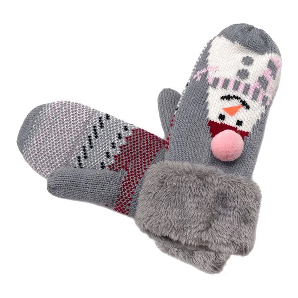 Plush Snowman Printed Faux Fur Mitten Gloves