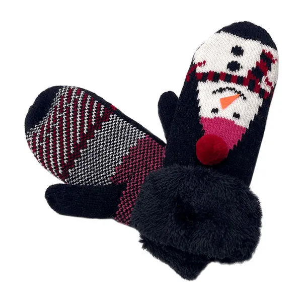 Plush Snowman Printed Faux Fur Mitten Gloves