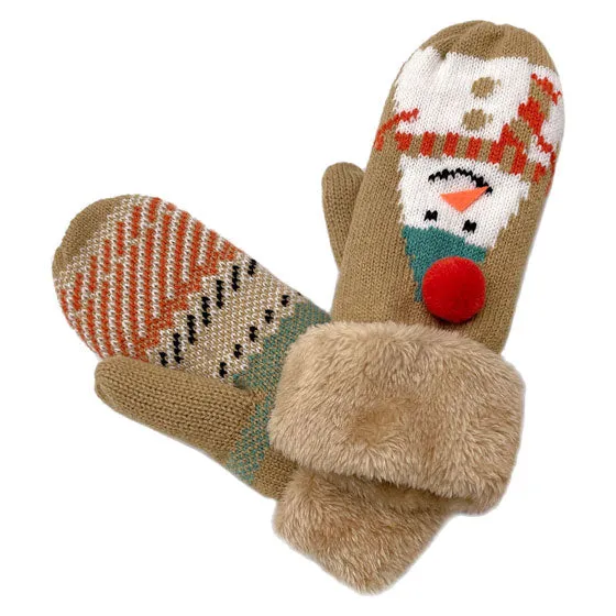 Plush Snowman Printed Faux Fur Mitten Gloves