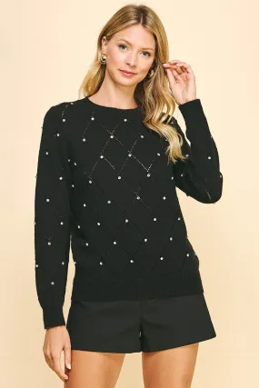 Rhinestone Crew Sweater - Black