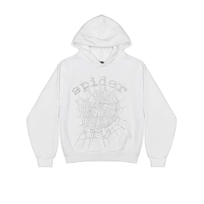 Sp5der OG Rhinestone Logo Hoodie White