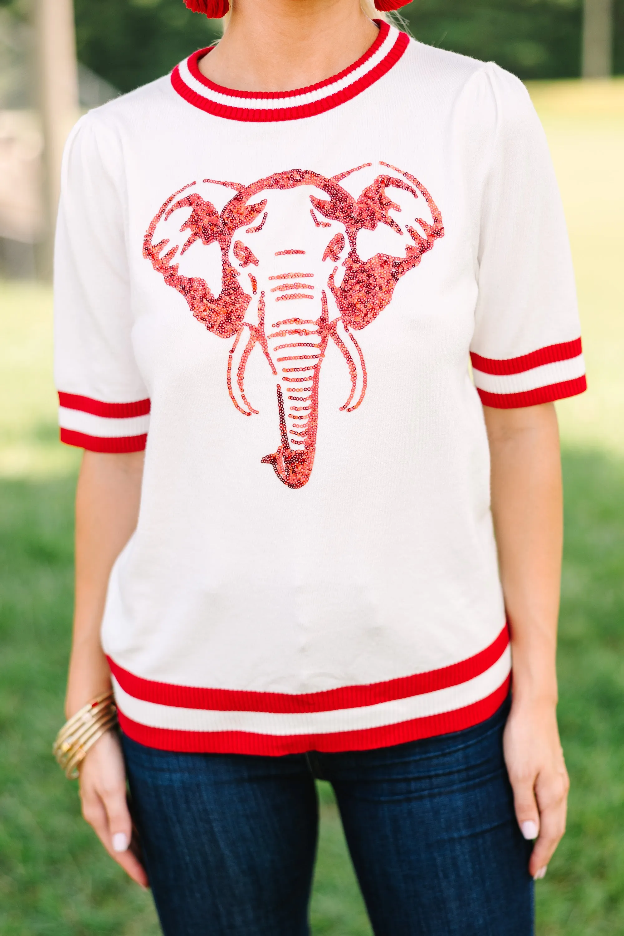 Stay In Character White/Red Elephant Sweater