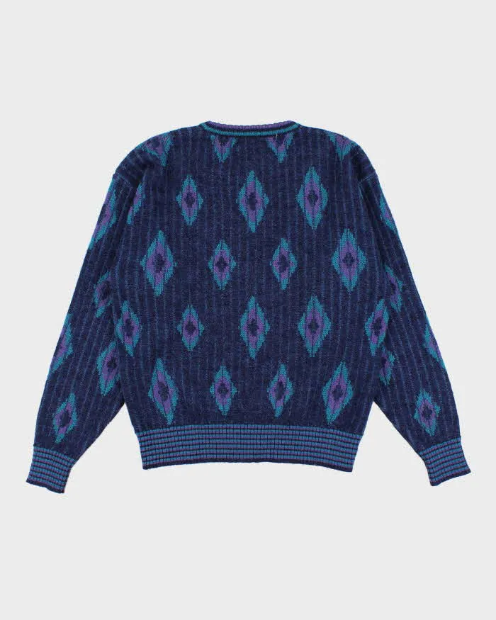 Vintage Men's Blue Pattered Knit Wool Sweater - L