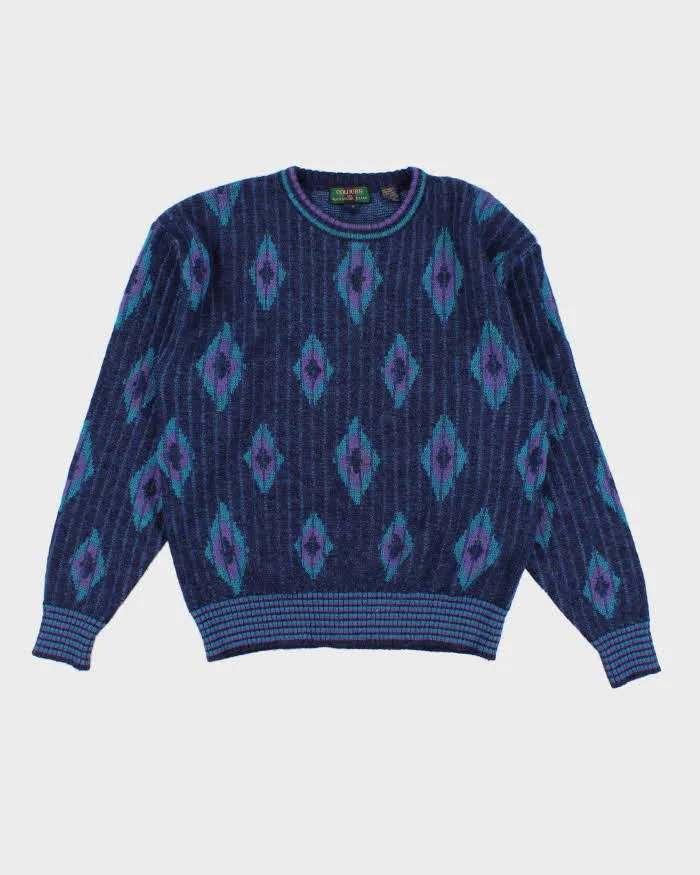 Vintage Men's Blue Pattered Knit Wool Sweater - L