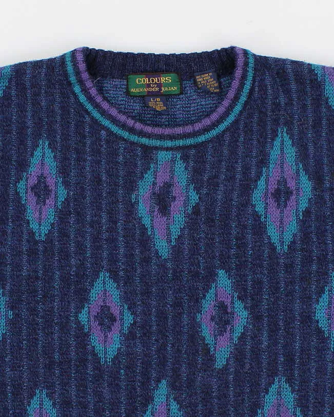 Vintage Men's Blue Pattered Knit Wool Sweater - L