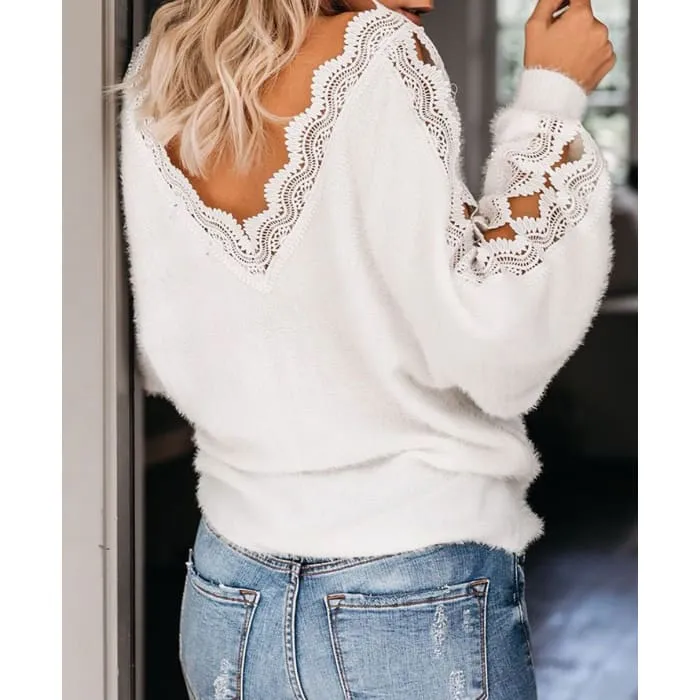 White Open Lacework Soft Sweater