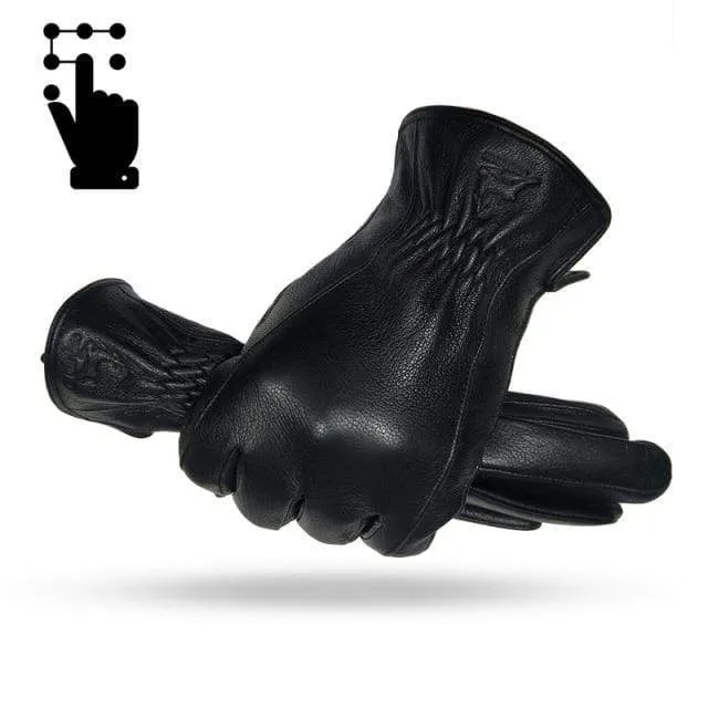 Winter Men's Leather Gloves Warm Soft Black Buckskin Pleated Design Outdoors Driving Gloves Mittens Wool Lining