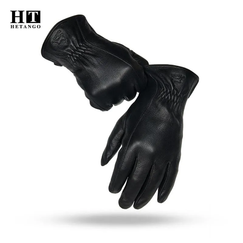 Winter Men's Leather Gloves Warm Soft Black Buckskin Pleated Design Outdoors Driving Gloves Mittens Wool Lining