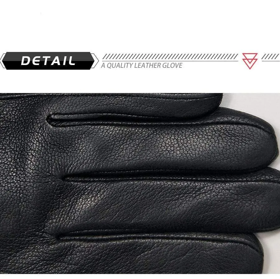 Winter Men's Leather Gloves Warm Soft Black Buckskin Pleated Design Outdoors Driving Gloves Mittens Wool Lining