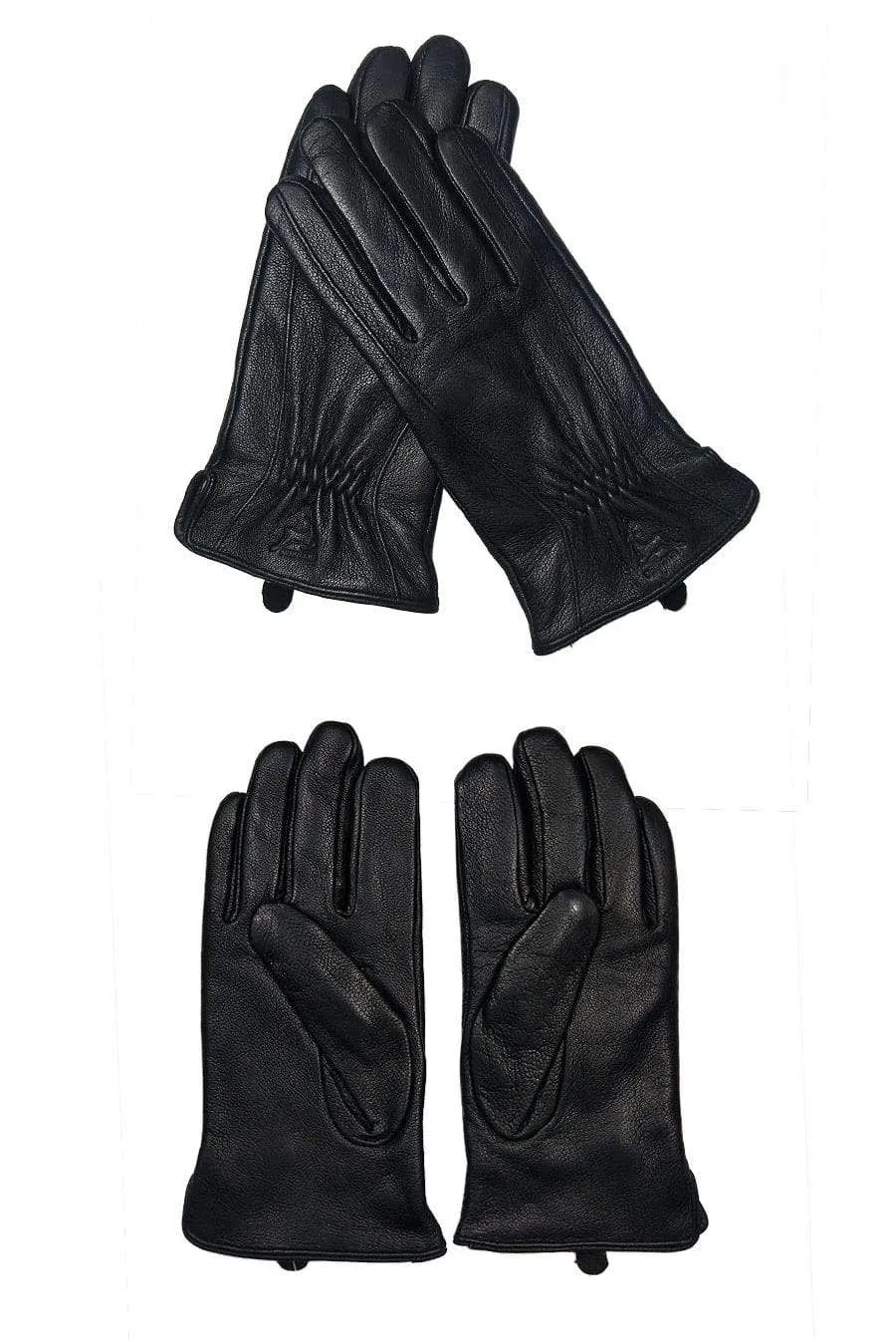 Winter Men's Leather Gloves Warm Soft Black Buckskin Pleated Design Outdoors Driving Gloves Mittens Wool Lining