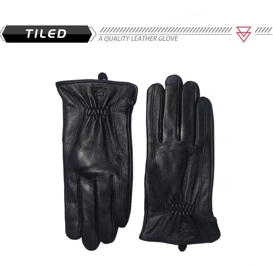 Winter Men's Leather Gloves Warm Soft Black Buckskin Pleated Design Outdoors Driving Gloves Mittens Wool Lining