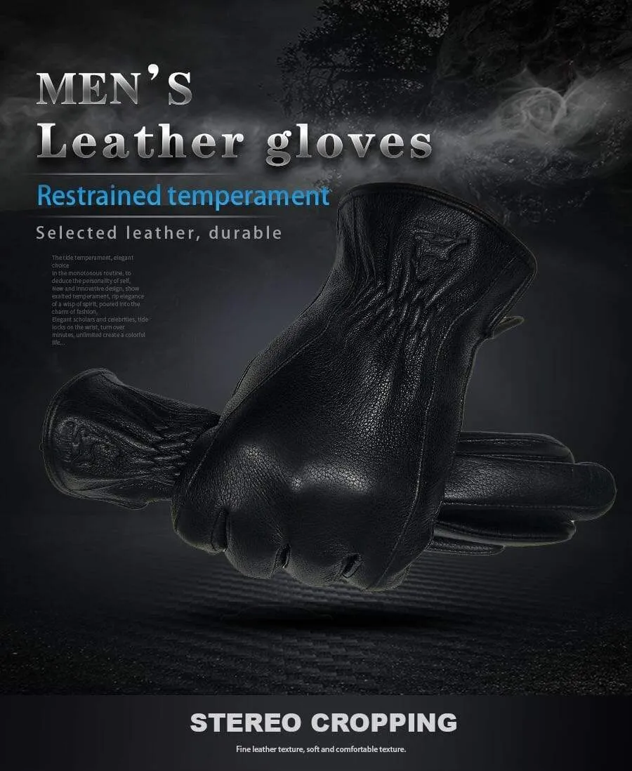 Winter Men's Leather Gloves Warm Soft Black Buckskin Pleated Design Outdoors Driving Gloves Mittens Wool Lining