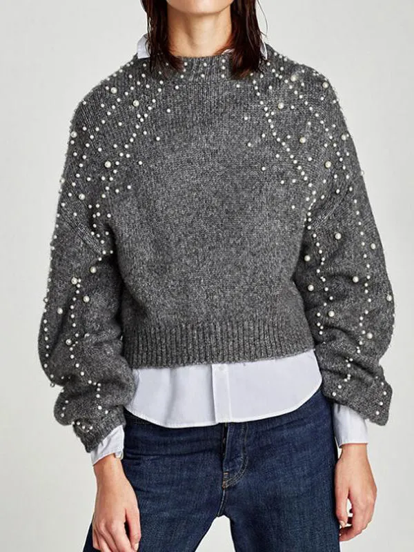 Women Fashion Pearl Long-sleeved Sweater